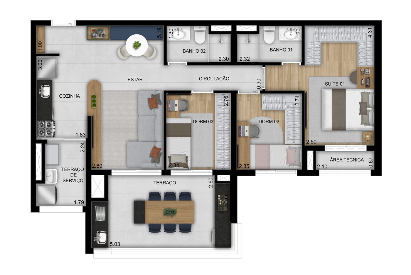 Planta — 86 m², 3 dormitórios (1 suíte), padrão, Residences