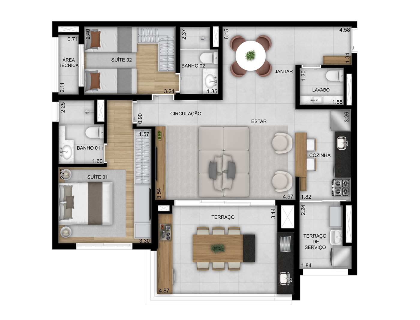 Planta — 96 m², 3 dormitórios (1 suíte), opção ampliada, Residences