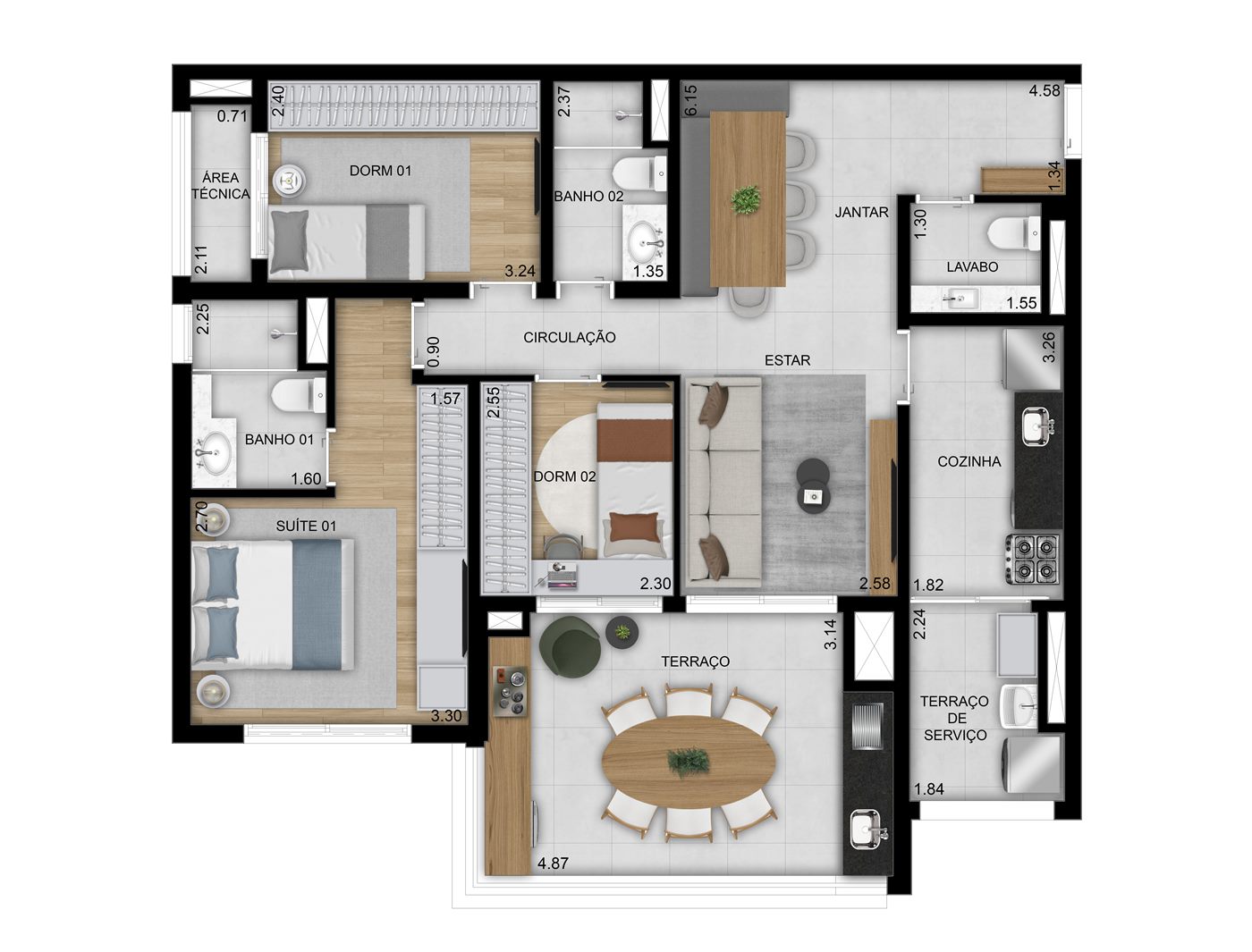 Planta — 96 m², 3 dormitórios (1 suíte), padrão, Residences