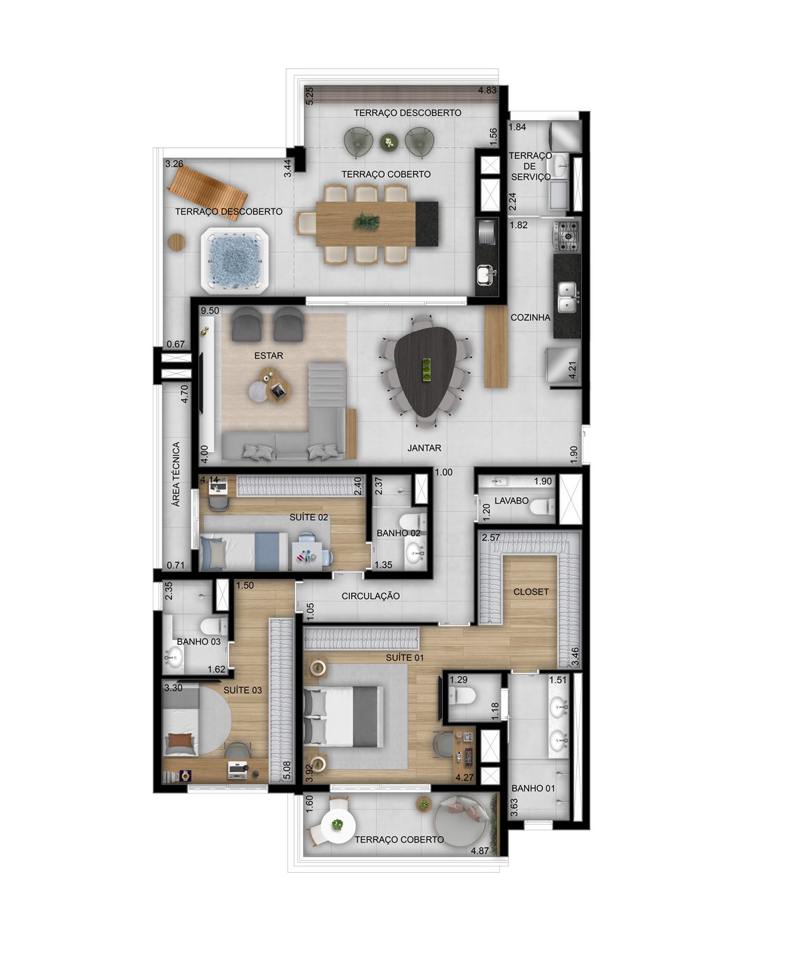 Planta — Penthouse 191 m², 3 suítes com lavabo, Residences