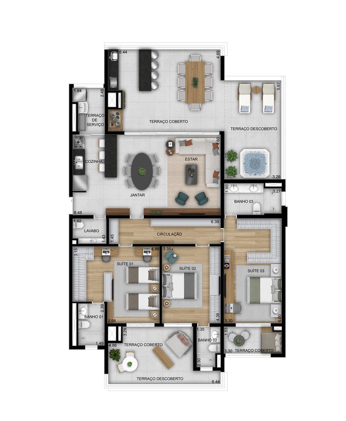 Planta — Penthouse 218 m², 3 suítes com lavabo, Residences