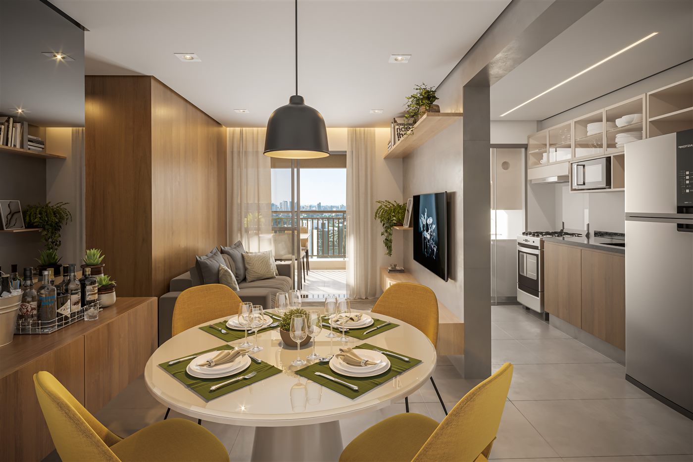 Living do apartamento decorado de 69 m², 2 dormitórios (1 suíte), padrão, Residences