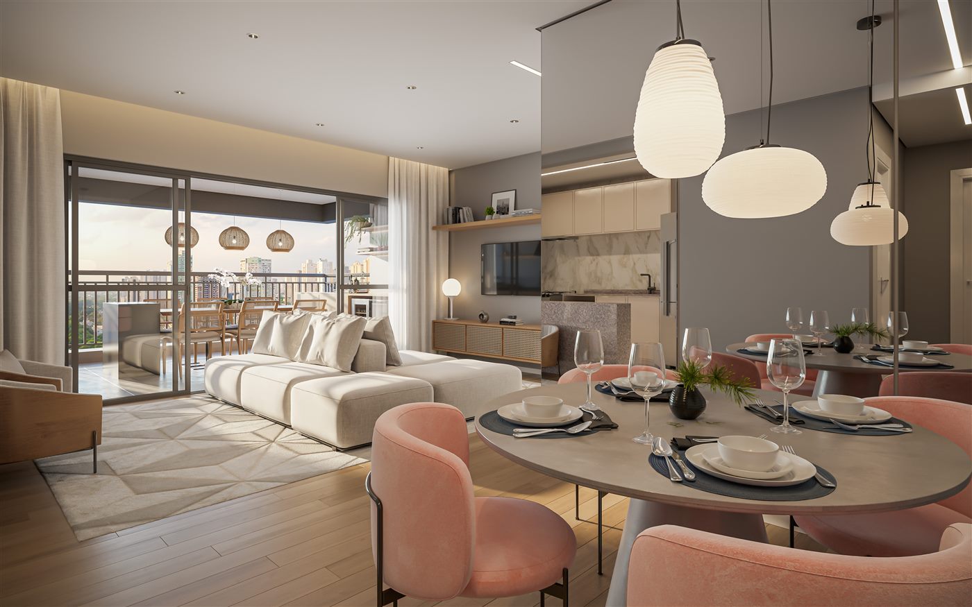 Sala de estar do apartamento decorado de 96 m², 3 dormitórios, opção ampliada, Residences