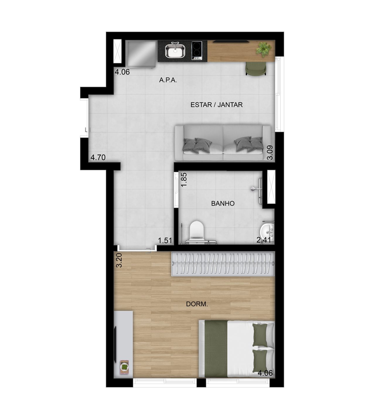 Planta — 40 m², 1 dormitório, Studios