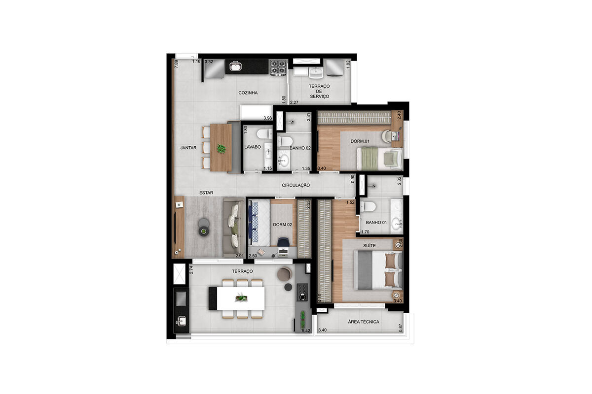 Planta 100 m², 3 dormitórios (1 suíte) com lavabo, Prisma Condomínio Clube Vila Ema