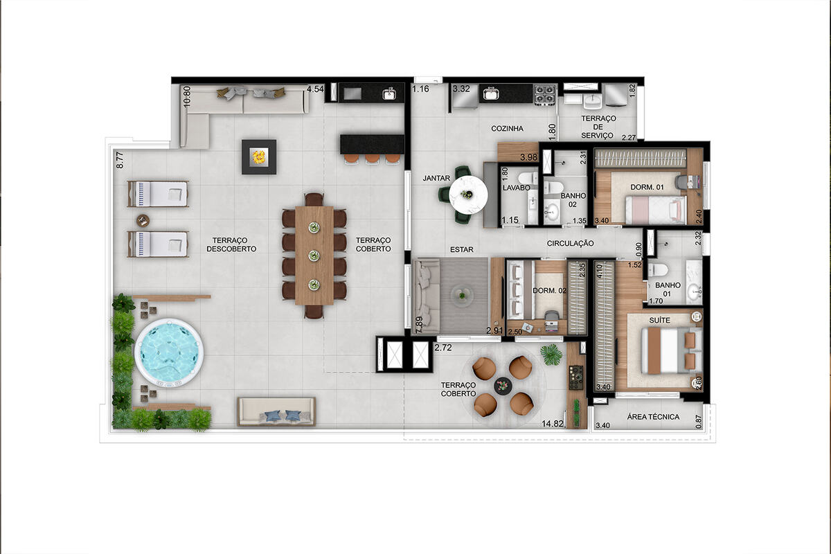 Planta penthouse 206 m², 3 dormitórios (1 suíte) com lavabo, Prisma Condomínio Clube Vila Ema