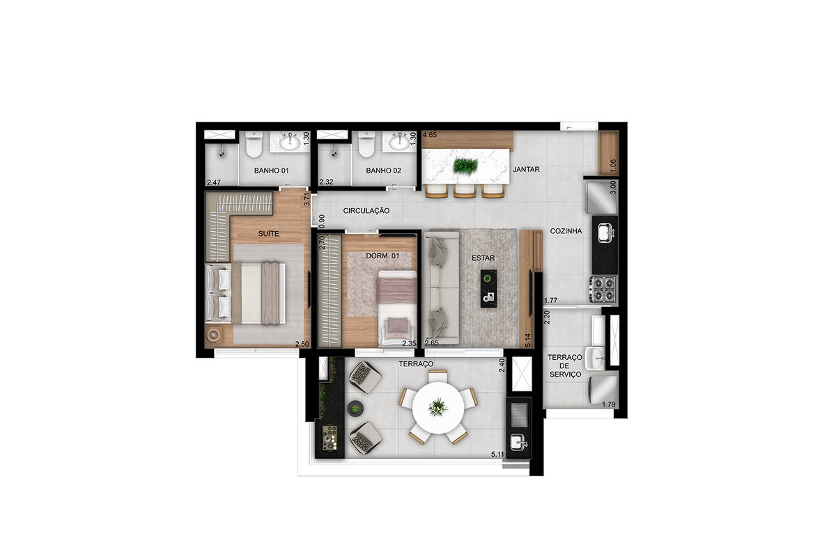 Planta 71 m², 2 dormitórios (1 suíte), Prisma Condomínio Clube Vila Ema