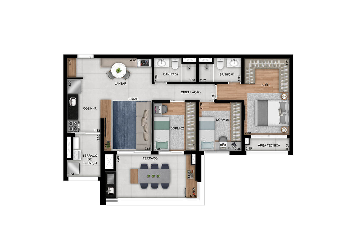 Planta 86 m², 3 dormitórios (1 suíte), Prisma Condomínio Clube Vila Ema