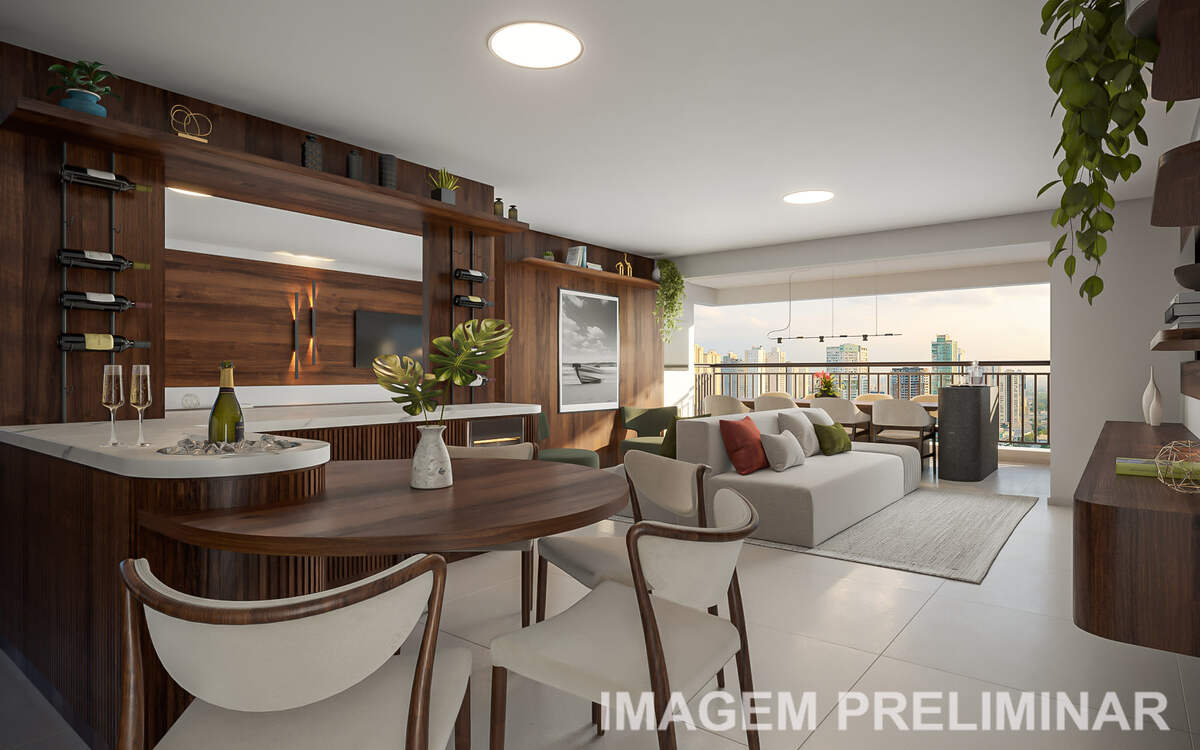 Living do apartamento decorado de 100 m², 2 dormitórios, opção ampliada, Prisma Condomínio Clube Vila Ema