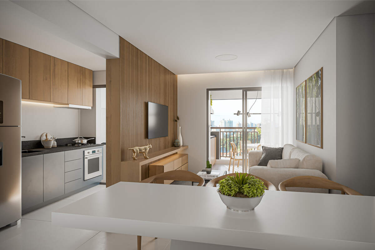Living do apartamento decorado de 71 m², 2 dormitórios, Prisma Condomínio Clube Vila Ema
