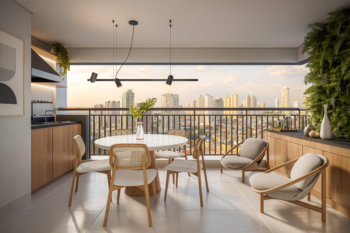 Terraço com churrasqueira do apartamento decorado de 71 m², 2 dormitórios, Prisma Condomínio Clube Vila Ema