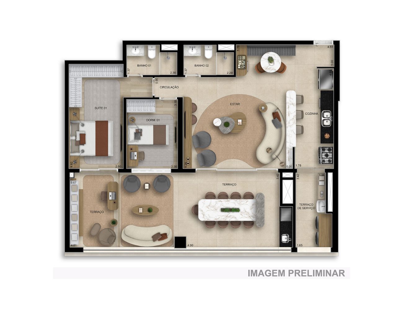 Planta — 118 m², 2 dormitórios (1 suíte), opção ampliada