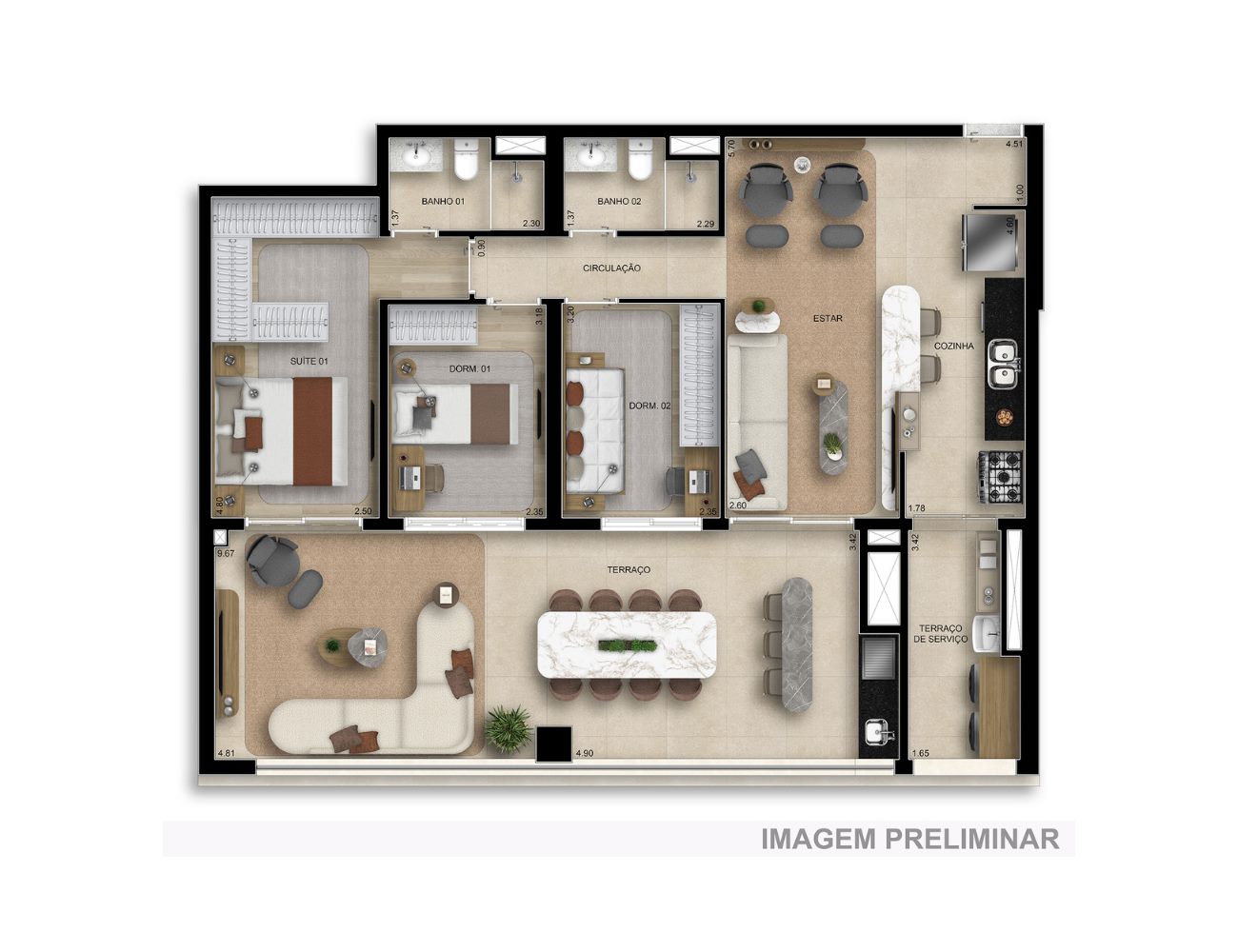 Planta — 118 m², 3 dormitórios (1 suíte)