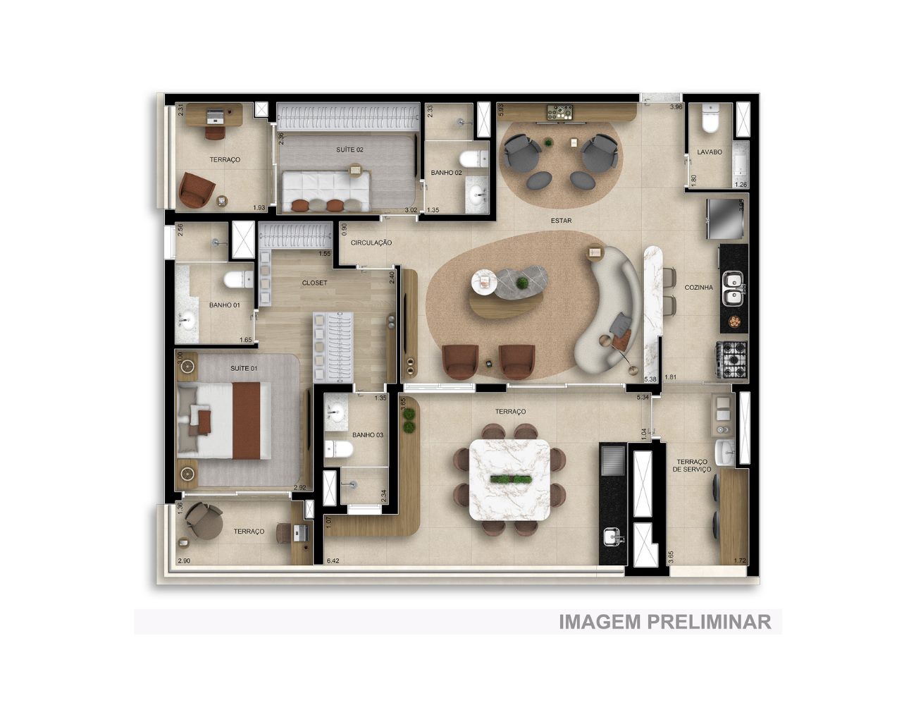 Planta — 125 m², 2 suítes, opção ampliada, com lavabo