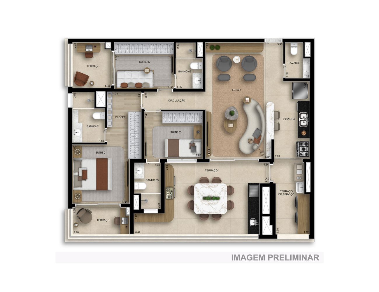 Planta — 125 m², 3 suítes, com lavabo