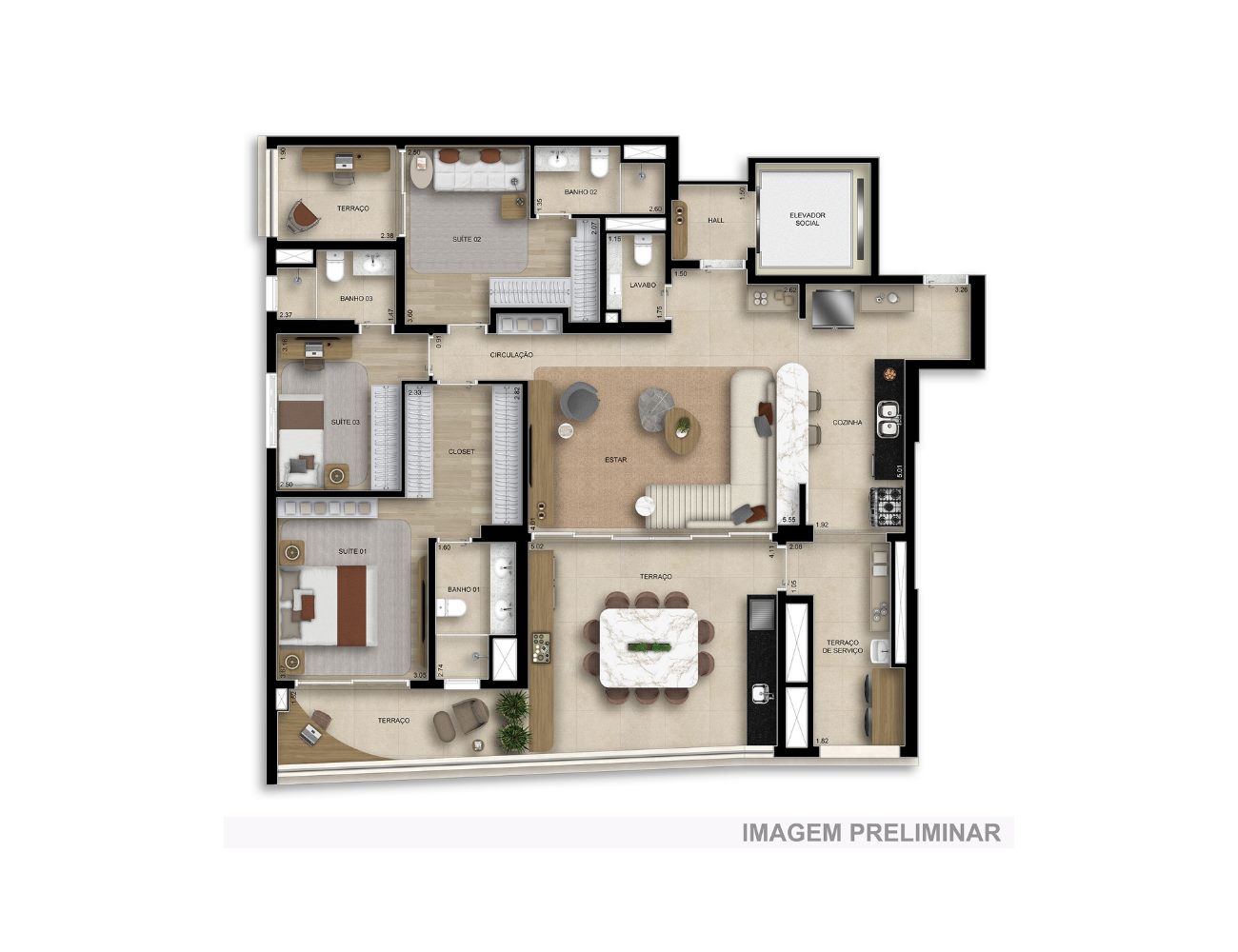 Planta — 156 m², 3 suítes, opção sala ampliada, com lavabo