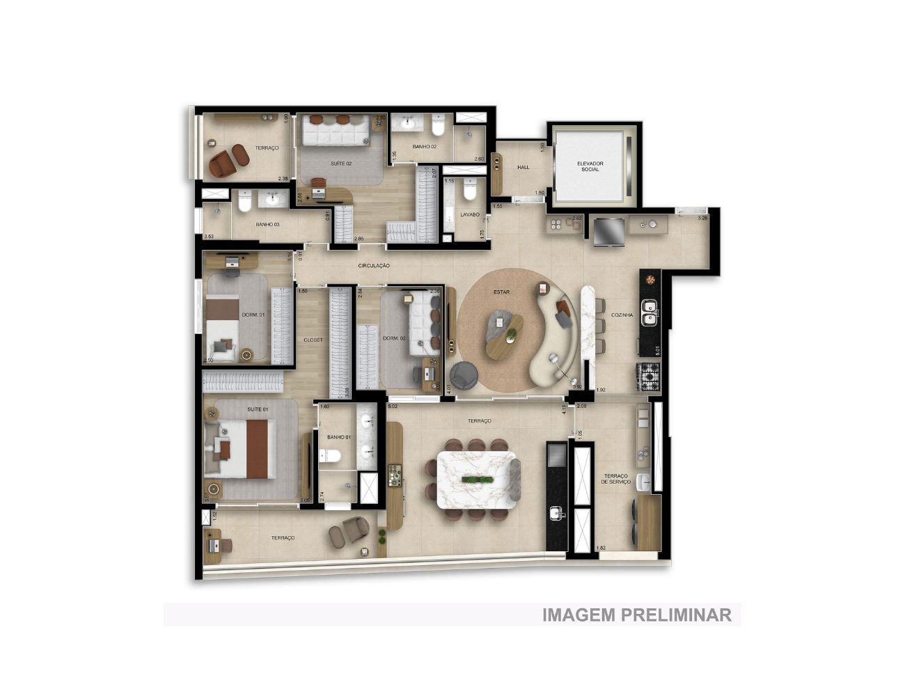 Planta — 156 m², 4 dormitórios (2 suítes), com lavabo