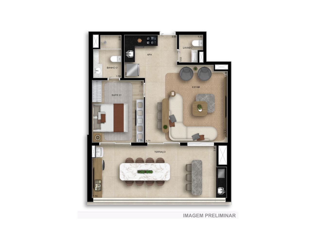 Planta — 74 m², 1 suíte, opção ampliada, com lavabo