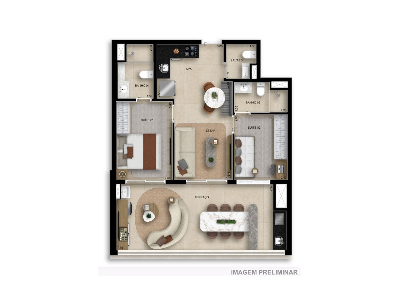 Planta — 74 m², 2 suítes, com lavabo