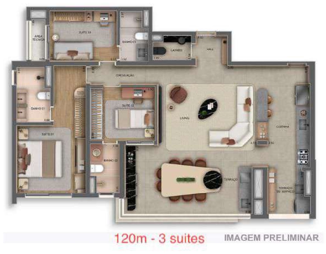 Planta — 120 m², 3 suítes, Residences
