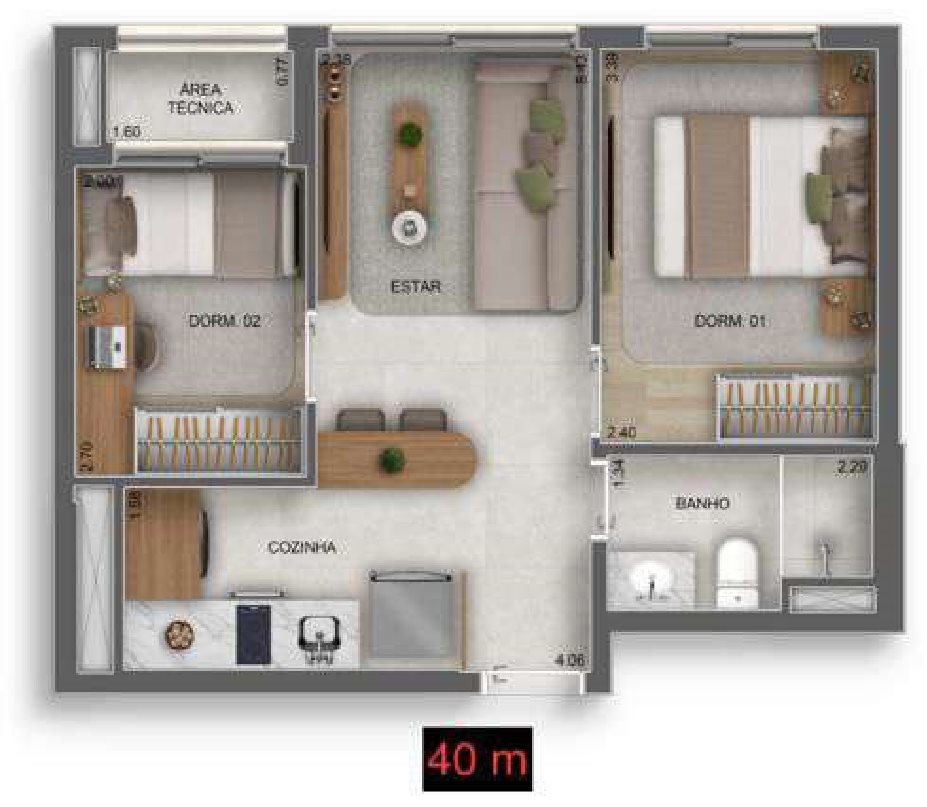 Planta — 40 m², 2 dormitórios, Residences