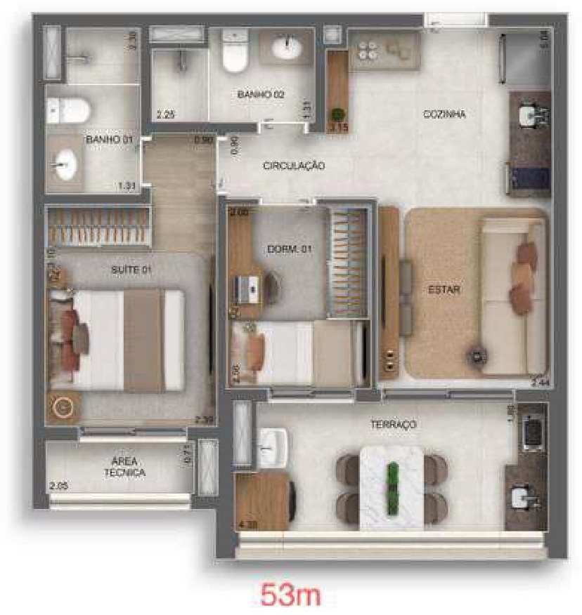 Planta — 53 m², 2 dormitórios (1 suíte), Residences