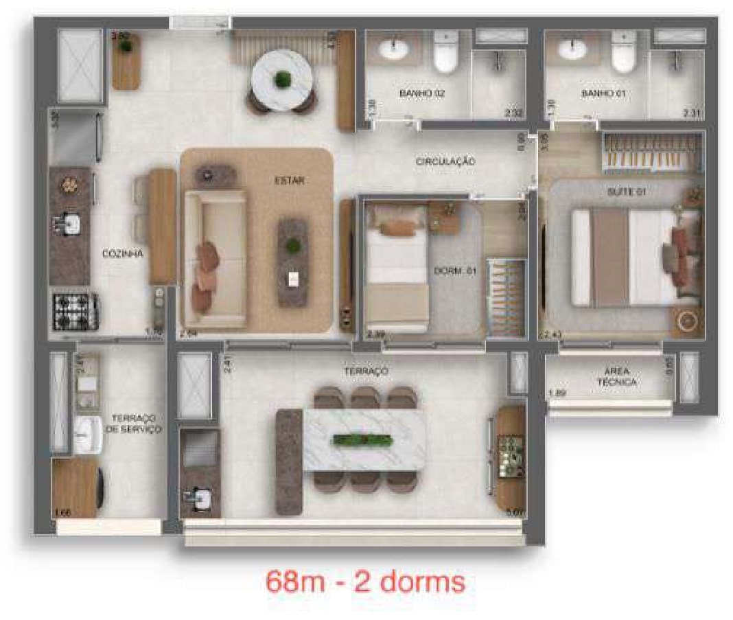 Planta — 68 m², 2 dormitórios (1 suíte), Residences