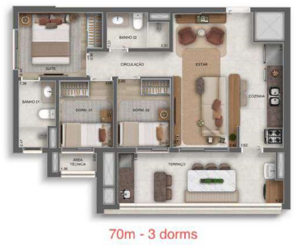Planta — 70 m², 3 dormitórios (1 suíte), Residences