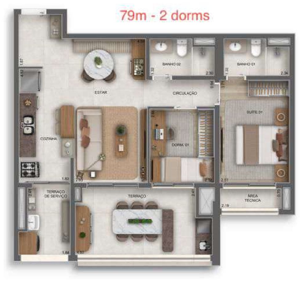 Planta — 79 m², 2 dormitórios (1 suíte), Residences