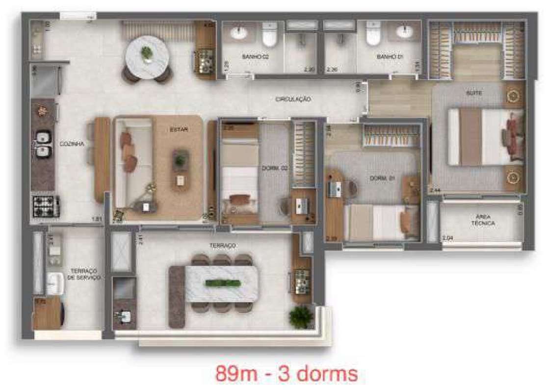 Planta — 89 m², 3 dormitórios (1 suíte), Residences