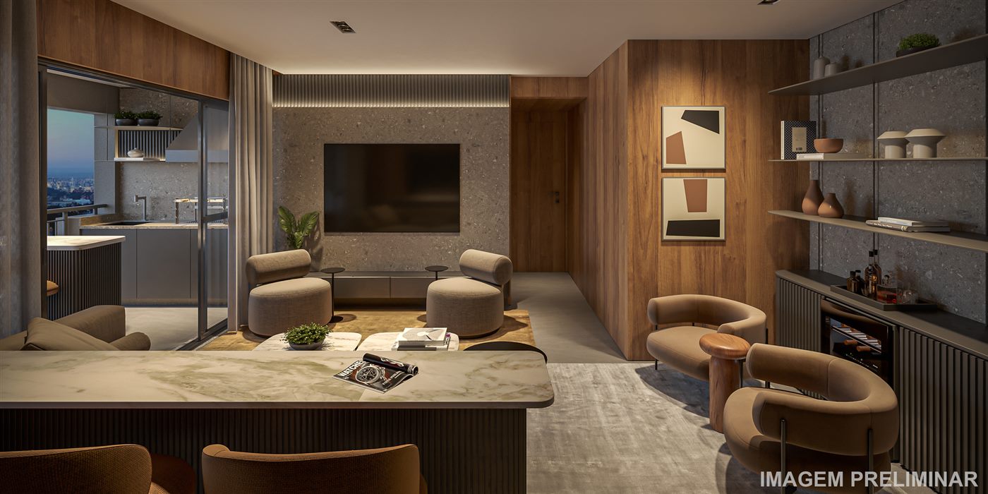 Living do apartamento decorado de 69 m², 2 dormitórios com 1 suíte, opção ampliada, Residences