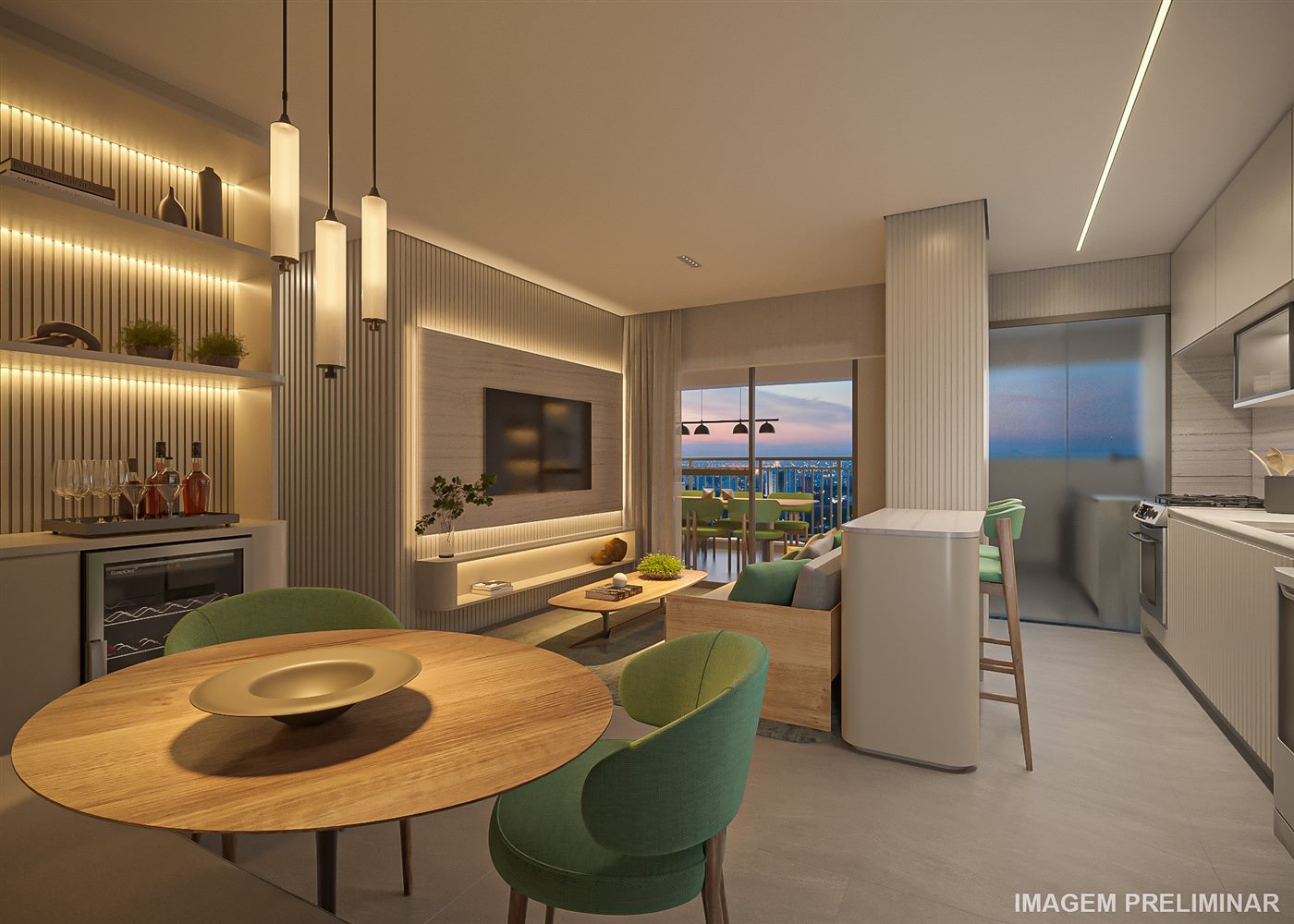 Living do apartamento decorado de 79 m², 2 dormitórios com 1 suíte, Residences