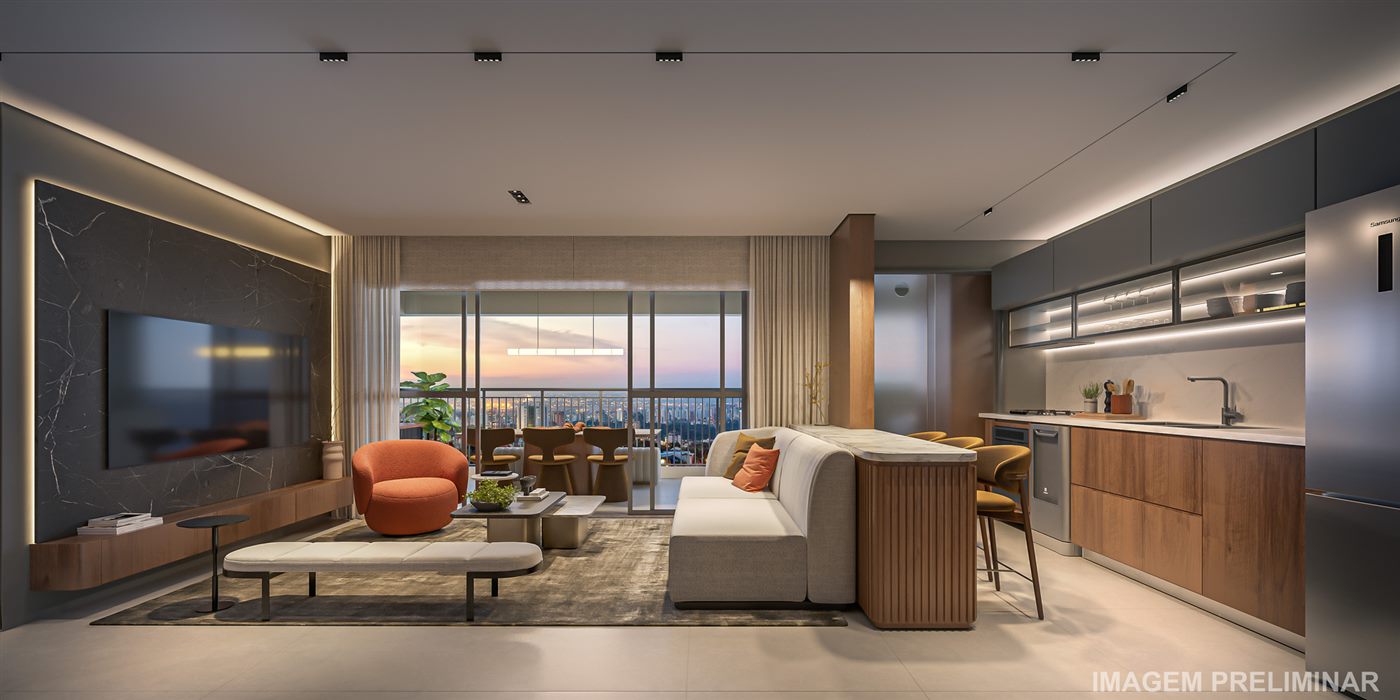 Living do apartamento decorado de 89 m², opção ampliada, Residences