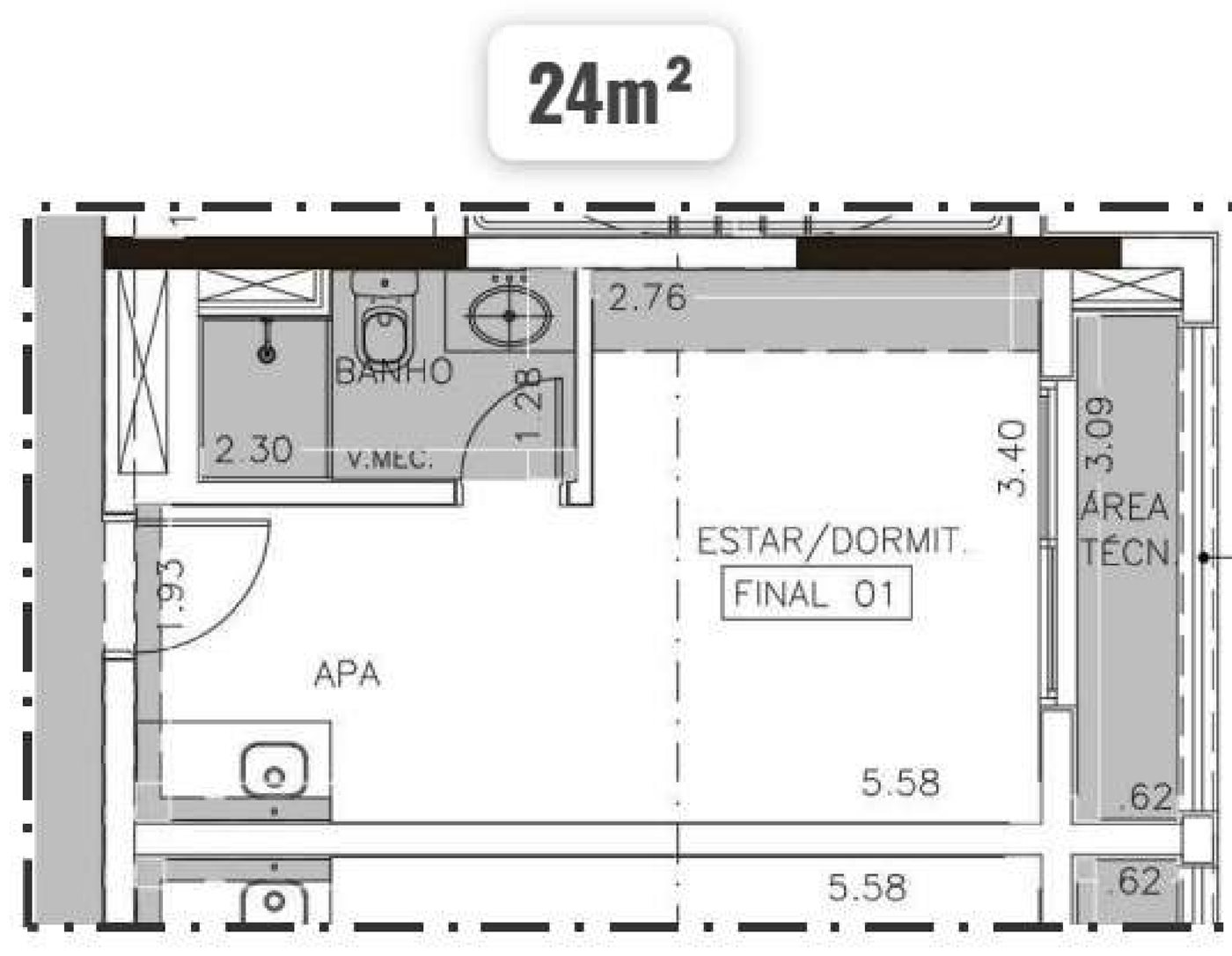 Planta — 24 m², Estúdio, Smart Spaces