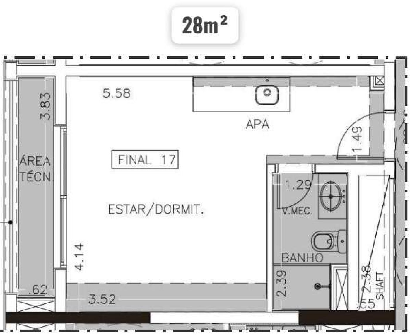 Planta — 28 m², Estúdio, Smart Spaces