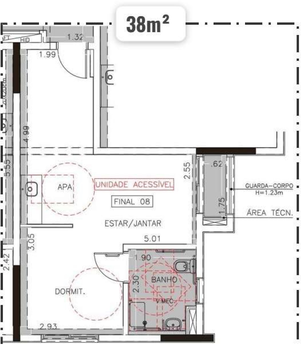 Planta — 38 m², 1 suíte, unidade acessível, Smart Spaces