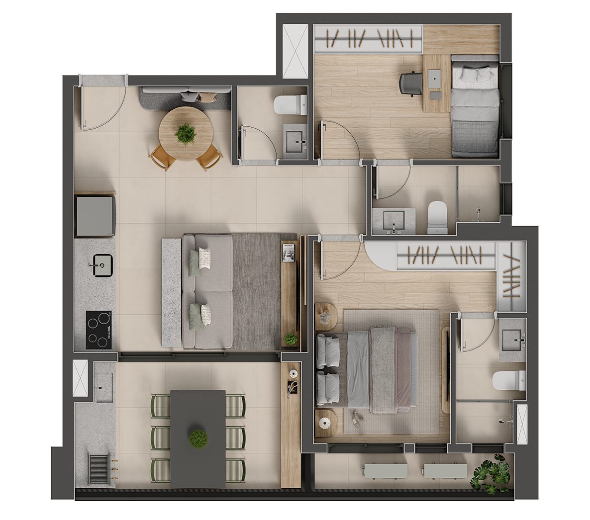 Planta — 69 m², 1 suíte, com lavabo