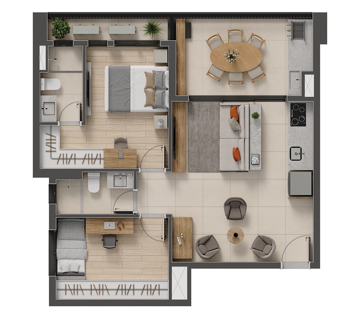 Planta — 69 m², 2 dormitórios (1 suíte)