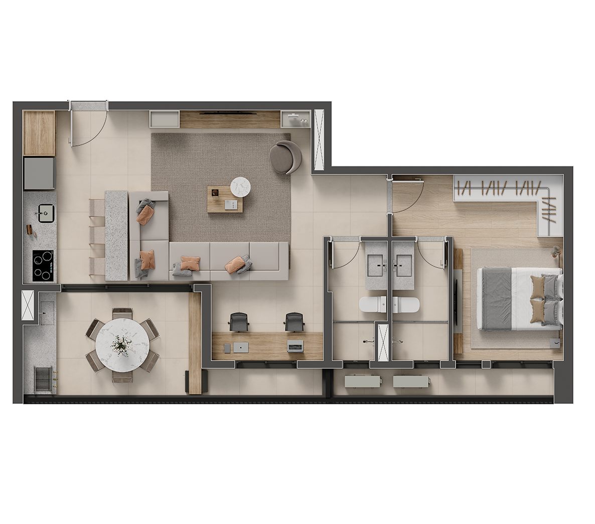 Planta — 77 m², 1 suíte, sala ampliada