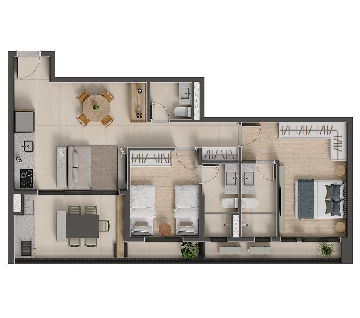 Planta — 77 m², 2 suítes, com lavabo