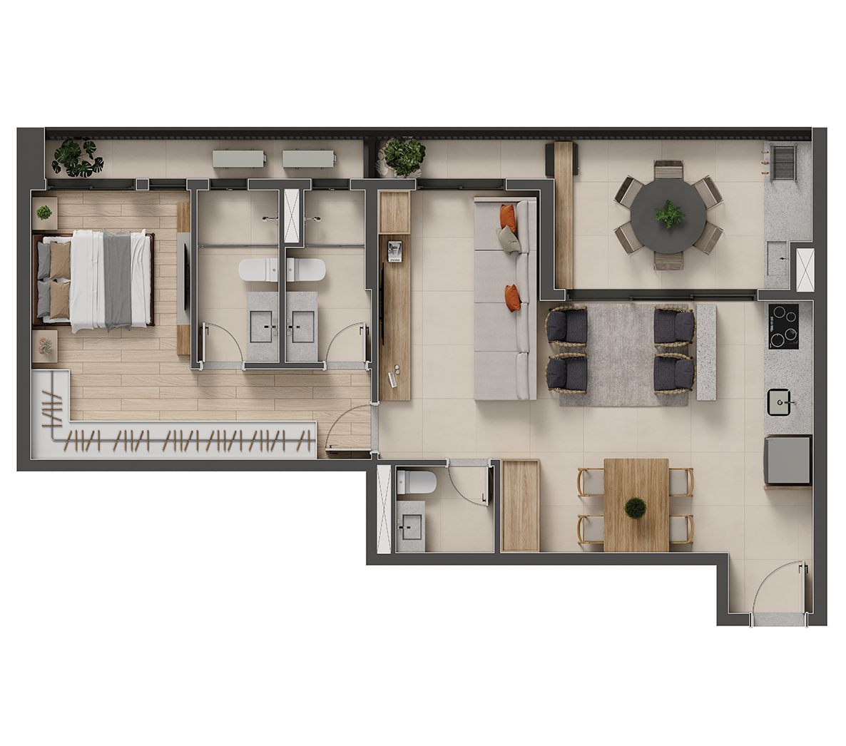 Planta — 79 m², 1 suíte, 2 banheiros, sala ampliada