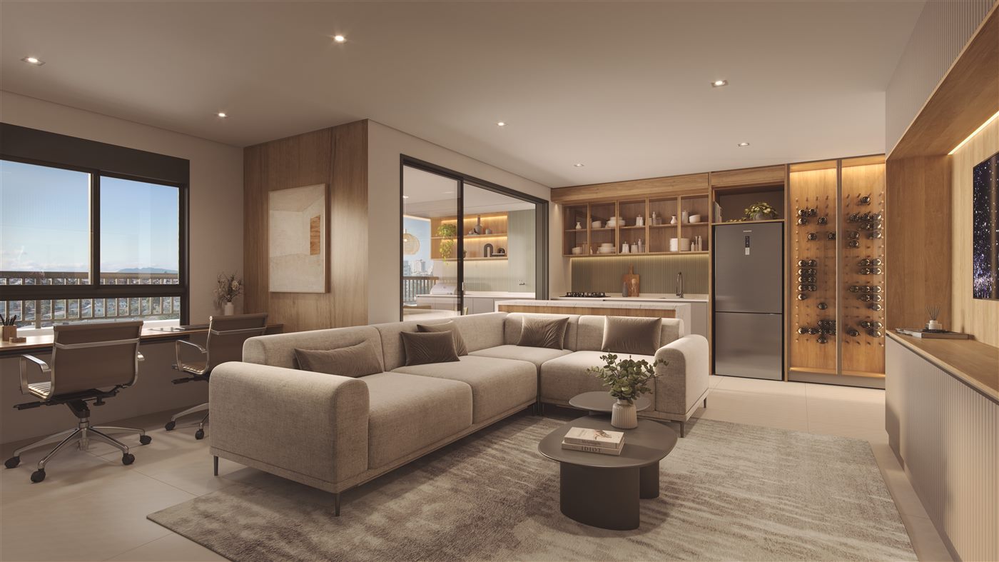 Living ampliado do apartamento decorado de 76 m²