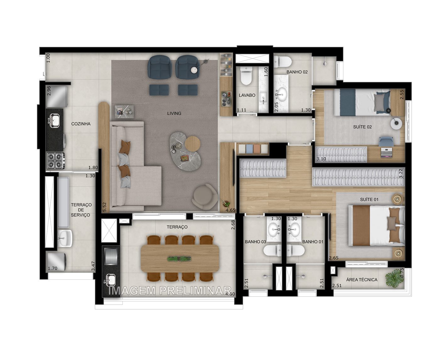 Planta — 103,36 m², opção ampliada com 2 suítes e sala ampliada