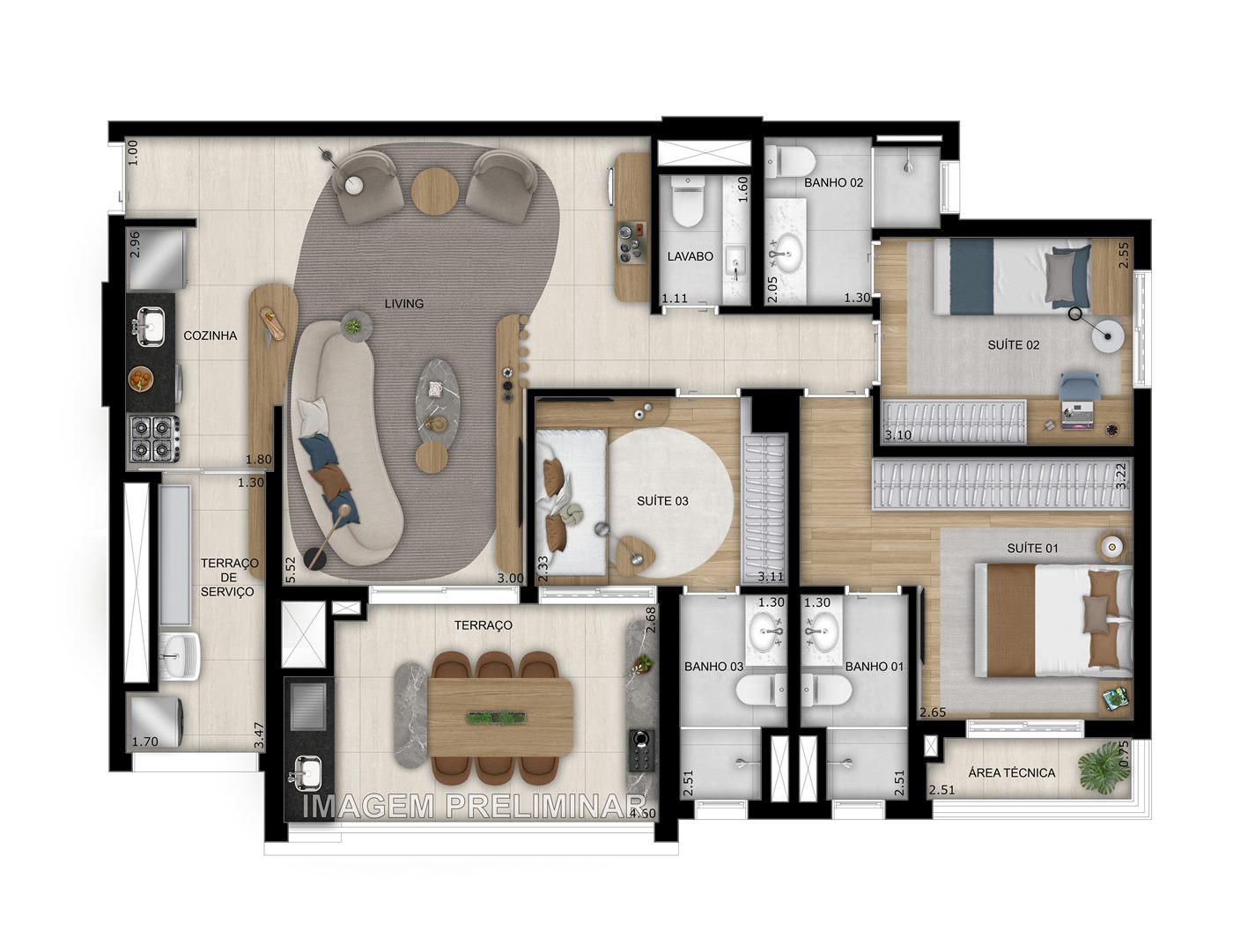 Planta — 103,36 m², 3 suítes, opção padrão, modelo decorado