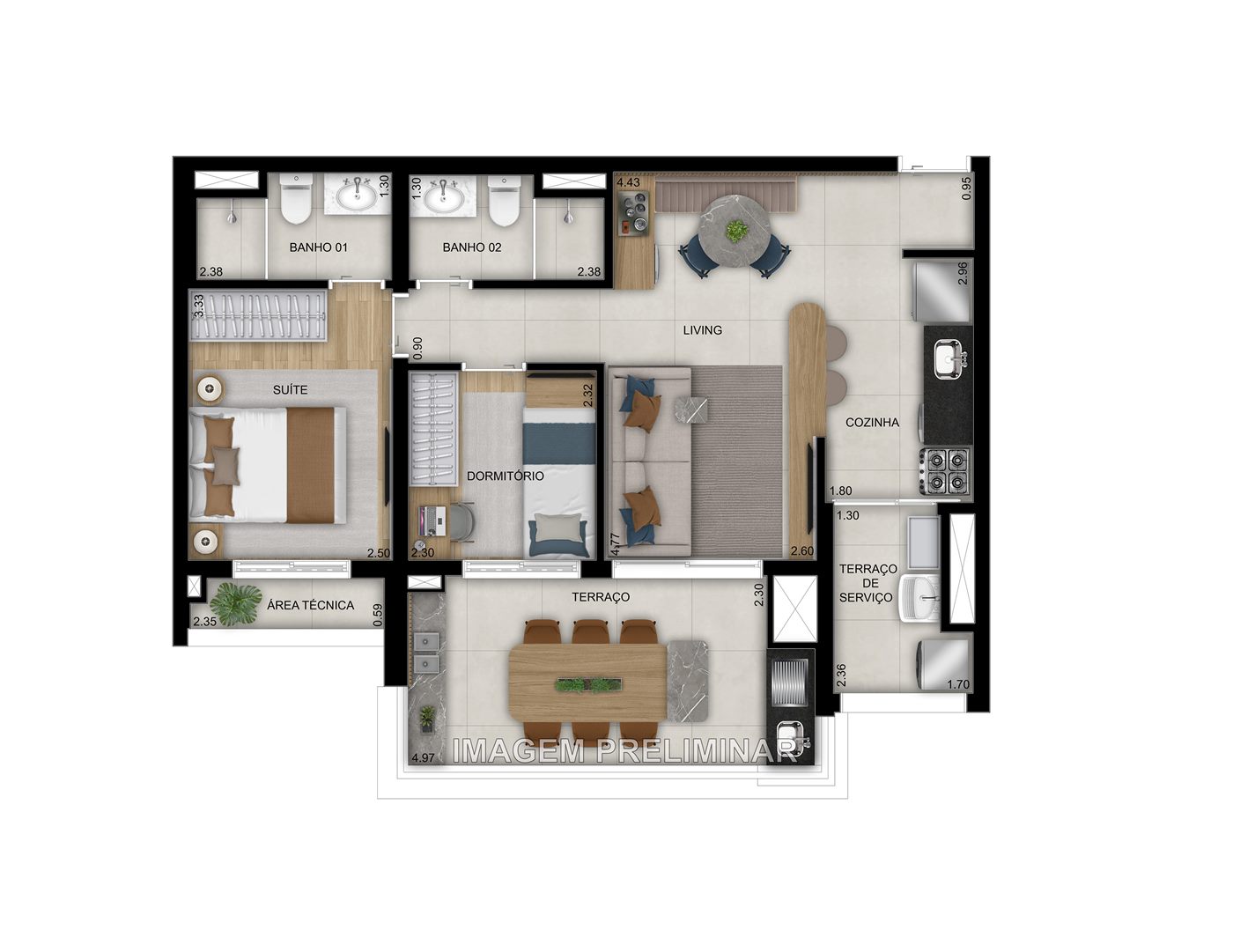 Planta — 68,47 m² a 70,66 m², 2 dormitórios (1 suíte)