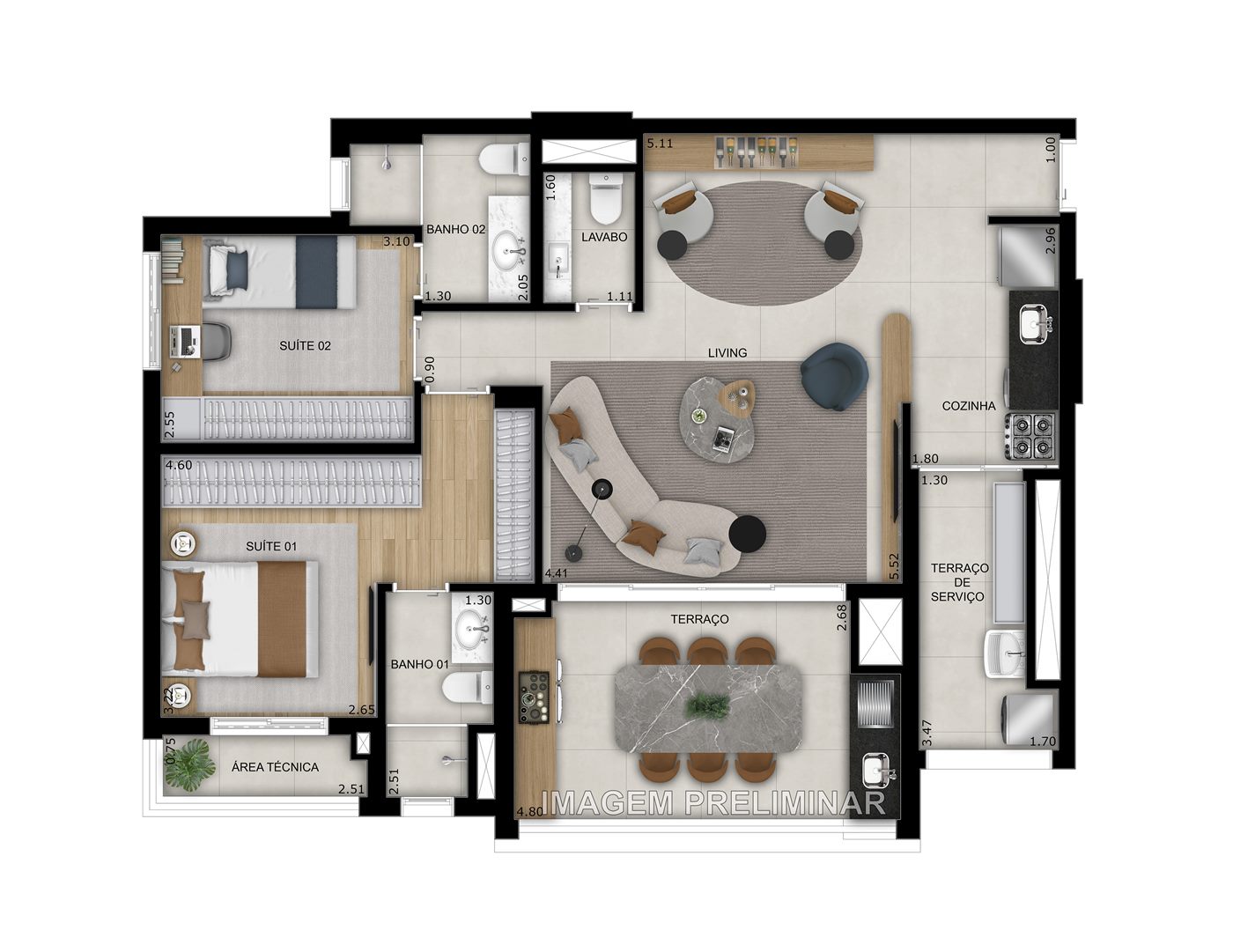 Planta — 92,19 m², opção ampliada com 2 suítes e sala ampliada