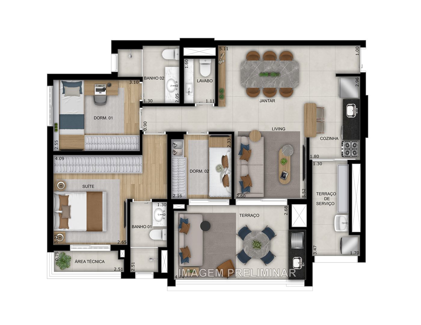 Planta — 92,19 m², 3 dormitórios (1 suíte), opção padrão