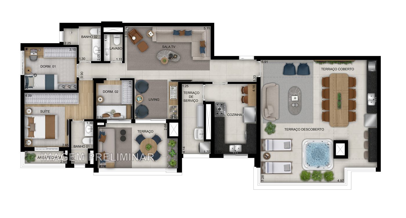 Planta — Penthouse 162,37 m², 3 dormitórios (1 suíte)