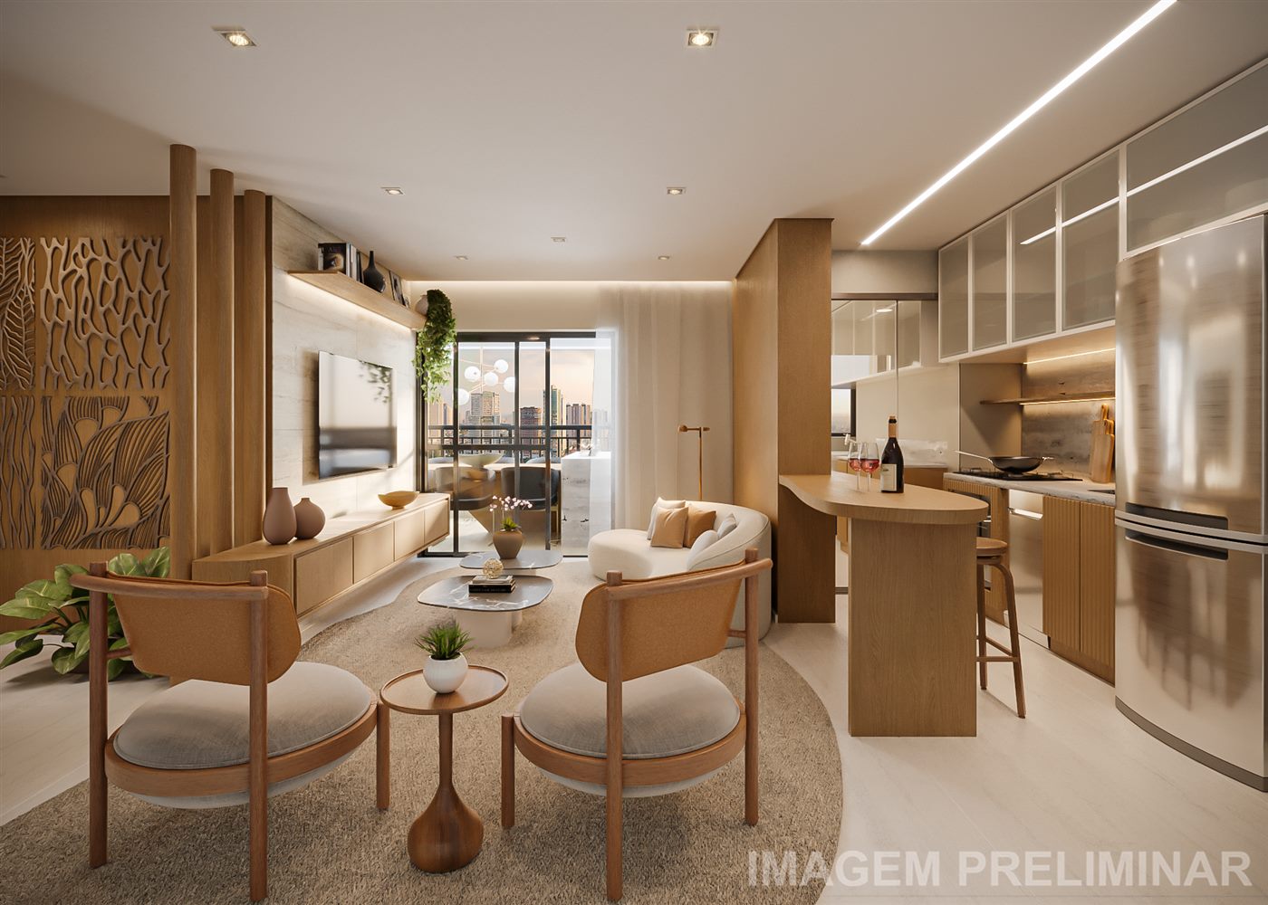 Living do apartamento decorado de 103,36 m², 3 suítes