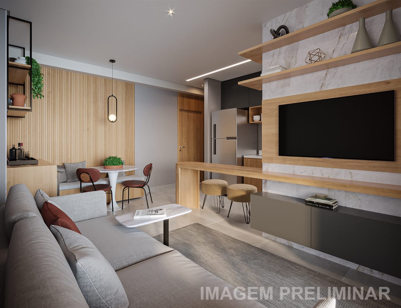 Living do apartamento decorado de 2 dormitórios (1 suíte)